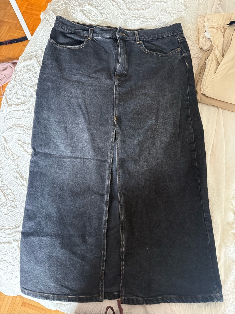 Zara Black Maxi Denim Skirt with Front Slit